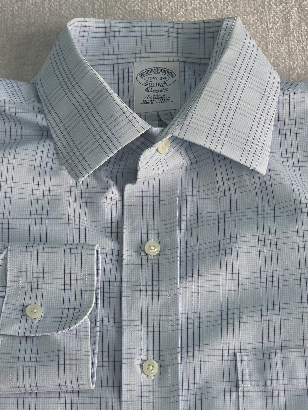 Brooks Brothers Classic Dress Shirt 15.5 34 Blue Plaid Supima Cotton Non Iron